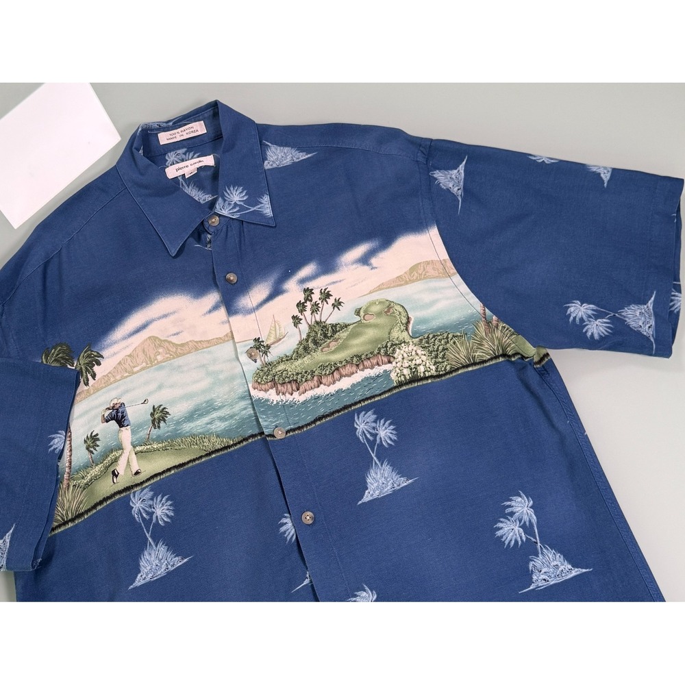 VTG Pierre Cardin Camp Shirt Mens Blue w/Golf Beach Scene DadCore - Medium